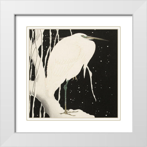 Heron in snow White Modern Wood Framed Art Print with Double Matting by Koson, Ohara