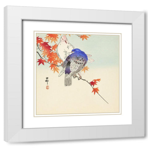 Two pigeons on autumn branch White Modern Wood Framed Art Print with Double Matting by Koson, Ohara