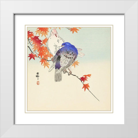 Two pigeons on autumn branch White Modern Wood Framed Art Print with Double Matting by Koson, Ohara