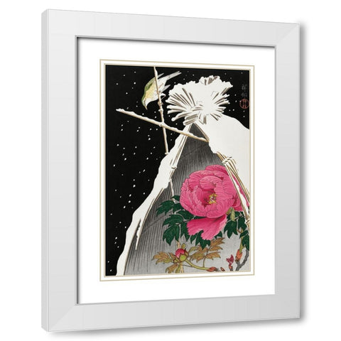 Siberian bluechat next to a peony White Modern Wood Framed Art Print with Double Matting by Koson, Ohara