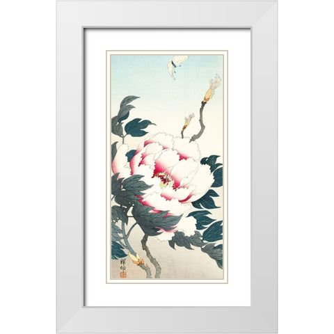 Peony with butterfly White Modern Wood Framed Art Print with Double Matting by Koson, Ohara