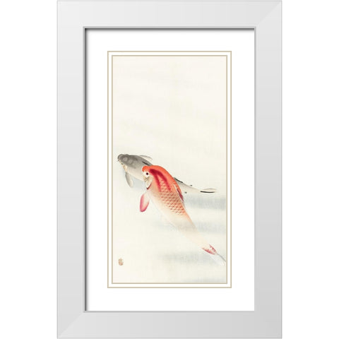 Two carp White Modern Wood Framed Art Print with Double Matting by Koson, Ohara
