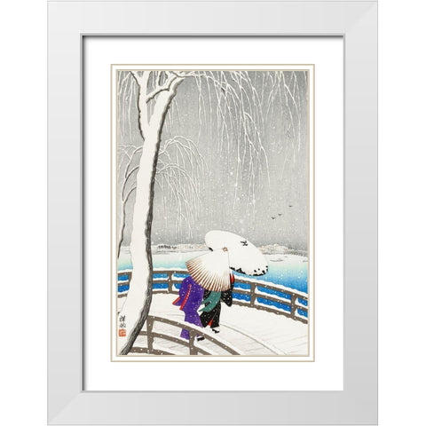 Two women in the snow on Yanagi Bridge White Modern Wood Framed Art Print with Double Matting by Koson, Ohara