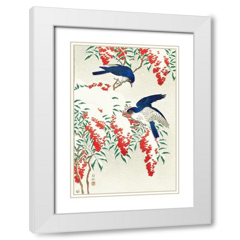 Flycatchers on a nandina bush White Modern Wood Framed Art Print with Double Matting by Koson, Ohara