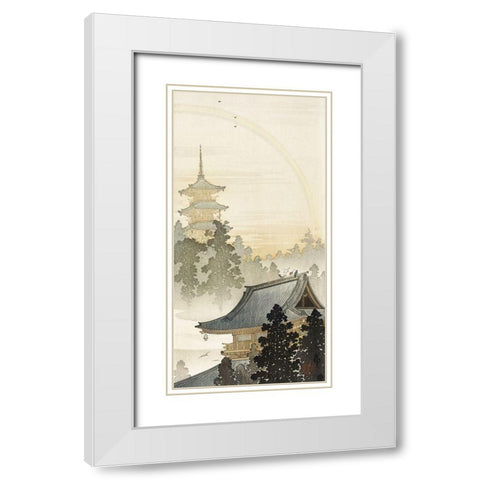 Pagoda and rainbow White Modern Wood Framed Art Print with Double Matting by Koson, Ohara