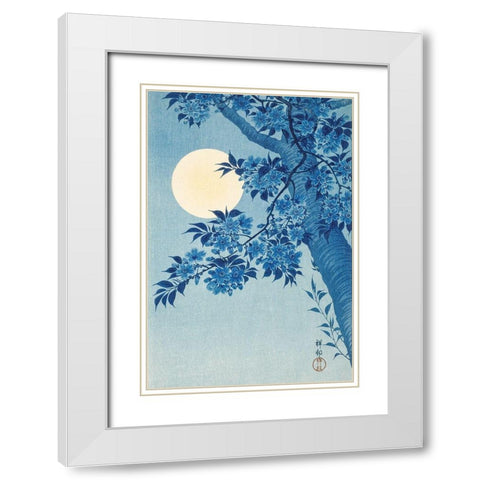 Blossoming Cherry on a Moonlit Night White Modern Wood Framed Art Print with Double Matting by Koson, Ohara