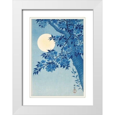 Blossoming Cherry on a Moonlit Night White Modern Wood Framed Art Print with Double Matting by Koson, Ohara