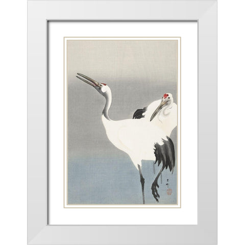 Two cranes White Modern Wood Framed Art Print with Double Matting by Koson, Ohara