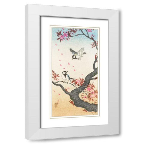 Two great tits at blossoming tree White Modern Wood Framed Art Print with Double Matting by Koson, Ohara