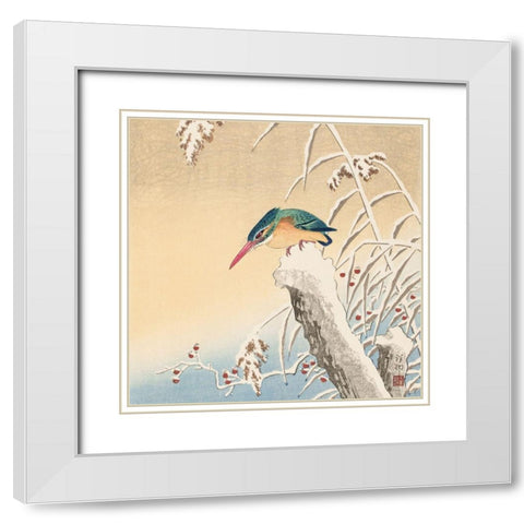 Kingfisher in the snow White Modern Wood Framed Art Print with Double Matting by Koson, Ohara