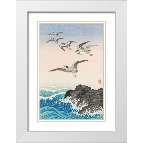 Five seagulls above the sea White Modern Wood Framed Art Print with Double Matting by Koson, Ohara