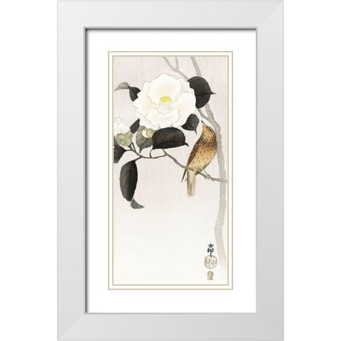 Songbird and flowering camellia White Modern Wood Framed Art Print with Double Matting by Koson, Ohara