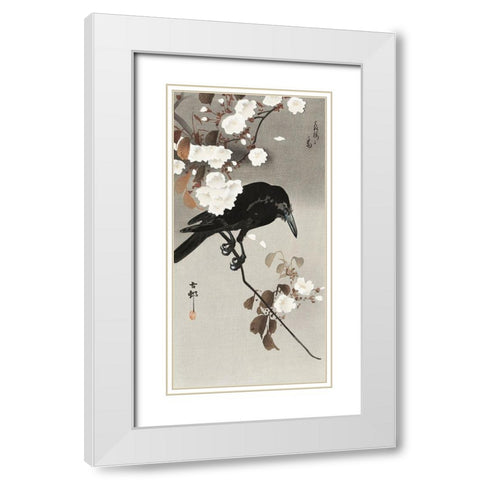 Crow and cherry blossom White Modern Wood Framed Art Print with Double Matting by Koson, Ohara