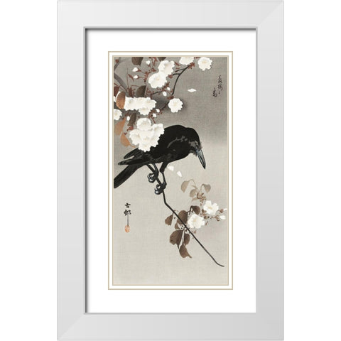 Crow and cherry blossom White Modern Wood Framed Art Print with Double Matting by Koson, Ohara