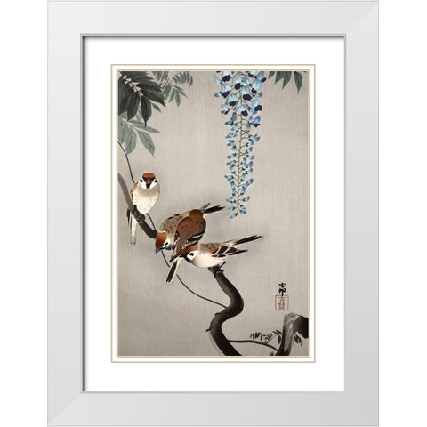 Ring sparrows at wisteria White Modern Wood Framed Art Print with Double Matting by Koson, Ohara
