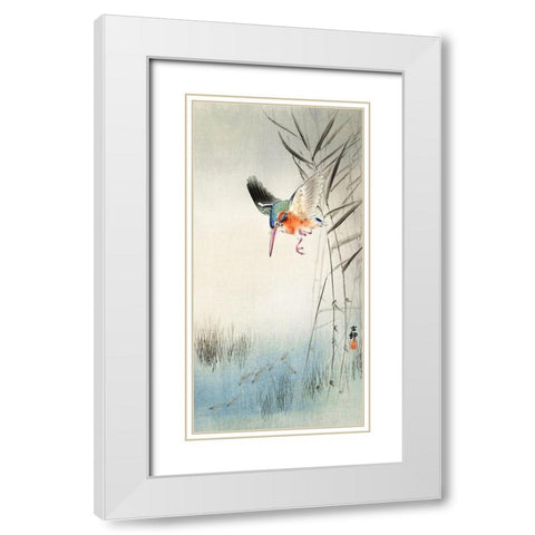 Kingfisher hunting for fish in the water White Modern Wood Framed Art Print with Double Matting by Koson, Ohara