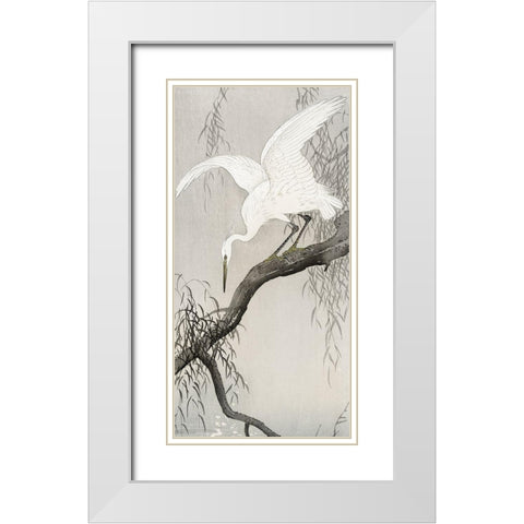White heron on tree branch White Modern Wood Framed Art Print with Double Matting by Koson, Ohara