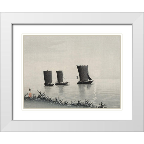 Fishing boats White Modern Wood Framed Art Print with Double Matting by Koson, Ohara