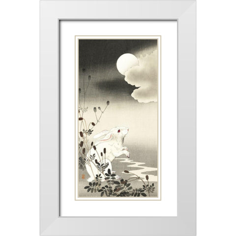 Rabbit at full moon White Modern Wood Framed Art Print with Double Matting by Koson, Ohara