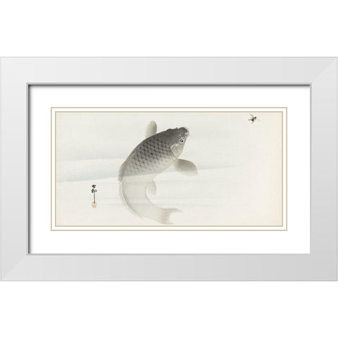 Carp and fly White Modern Wood Framed Art Print with Double Matting by Koson, Ohara