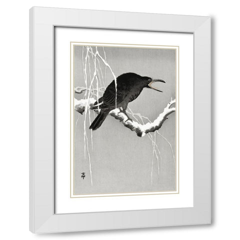 Crow on snowy tree branch White Modern Wood Framed Art Print with Double Matting by Koson, Ohara