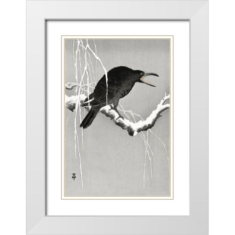 Crow on snowy tree branch White Modern Wood Framed Art Print with Double Matting by Koson, Ohara