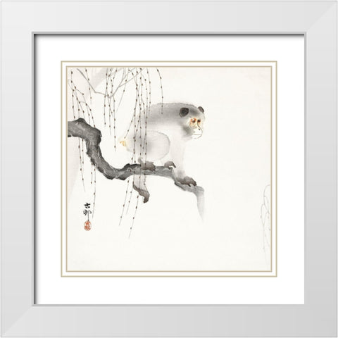 Monkey on a tree branch White Modern Wood Framed Art Print with Double Matting by Koson, Ohara