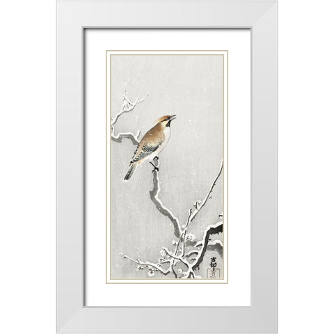 Bohemian bird on snowy branch White Modern Wood Framed Art Print with Double Matting by Koson, Ohara