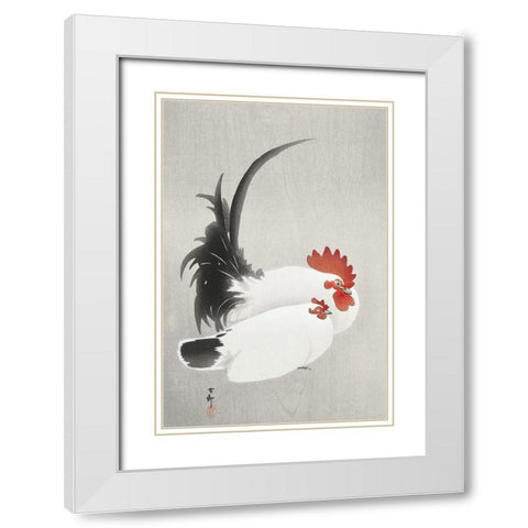 Rooster and hen White Modern Wood Framed Art Print with Double Matting by Koson, Ohara