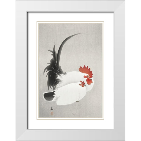 Rooster and hen White Modern Wood Framed Art Print with Double Matting by Koson, Ohara