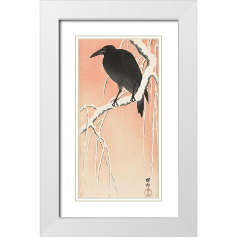 Crow on snowy branch White Modern Wood Framed Art Print with Double Matting by Koson, Ohara