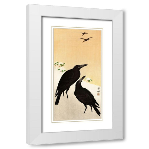Crows in snow White Modern Wood Framed Art Print with Double Matting by Koson, Ohara