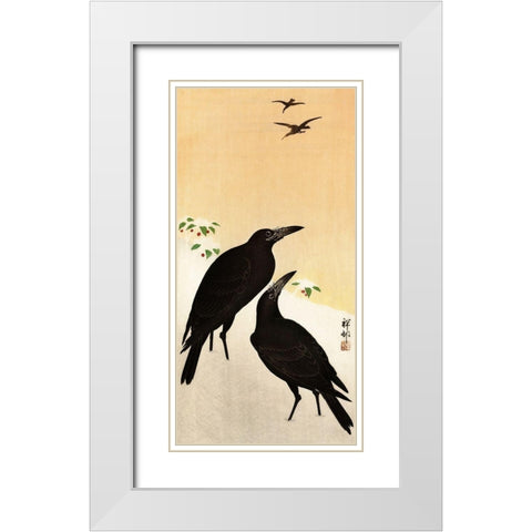Crows in snow White Modern Wood Framed Art Print with Double Matting by Koson, Ohara
