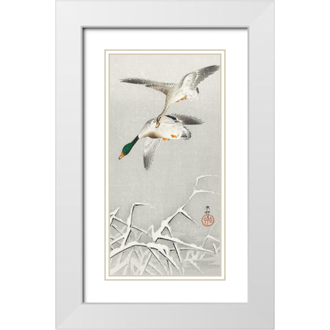 Two wild ducks in flight White Modern Wood Framed Art Print with Double Matting by Koson, Ohara