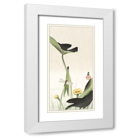 Libelle and lotus White Modern Wood Framed Art Print with Double Matting by Koson, Ohara