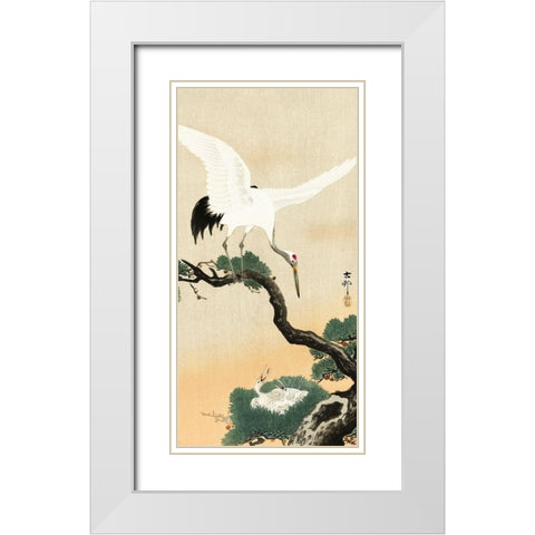 Japanese crane bird on branch of pine White Modern Wood Framed Art Print with Double Matting by Koson, Ohara