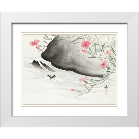 Plants with pink flowers by the river White Modern Wood Framed Art Print with Double Matting by Koson, Ohara