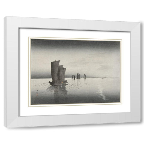 Fishing boats at dusk White Modern Wood Framed Art Print with Double Matting by Koson, Ohara