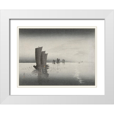 Fishing boats at dusk White Modern Wood Framed Art Print with Double Matting by Koson, Ohara