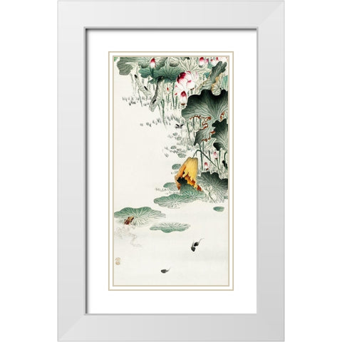 Frog and tadpoles White Modern Wood Framed Art Print with Double Matting by Koson, Ohara