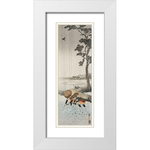 Rice planters in the rain White Modern Wood Framed Art Print with Double Matting by Koson, Ohara