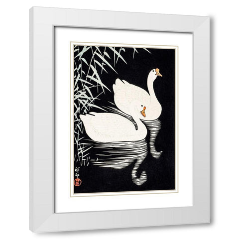 White Chinese Geese Swimming by Reeds White Modern Wood Framed Art Print with Double Matting by Koson, Ohara