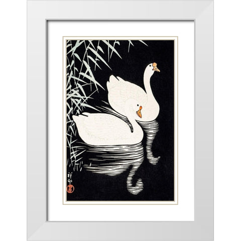 White Chinese Geese Swimming by Reeds White Modern Wood Framed Art Print with Double Matting by Koson, Ohara