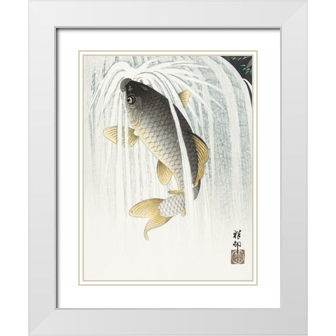 Carp White Modern Wood Framed Art Print with Double Matting by Koson, Ohara