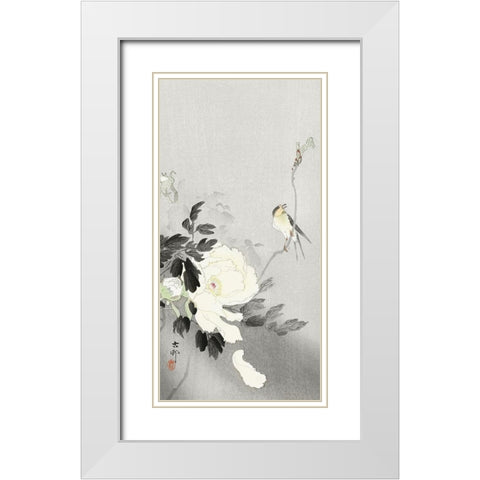 Swallow with Peony White Modern Wood Framed Art Print with Double Matting by Koson, Ohara
