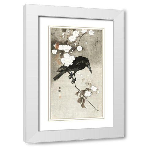 Crow with cherry blossom White Modern Wood Framed Art Print with Double Matting by Koson, Ohara