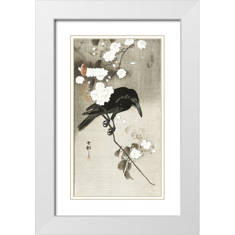Crow with cherry blossom White Modern Wood Framed Art Print with Double Matting by Koson, Ohara