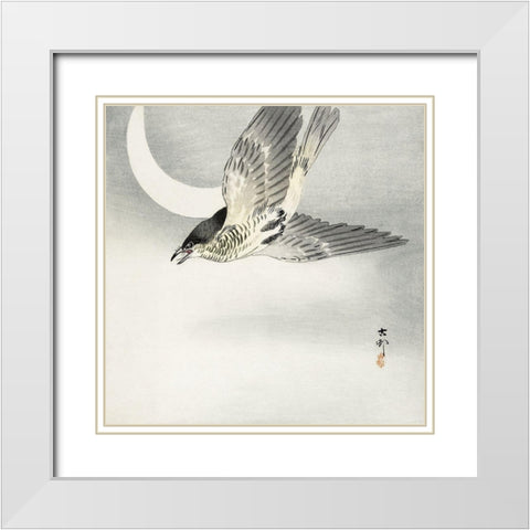 Cuckoo at crescent moon White Modern Wood Framed Art Print with Double Matting by Koson, Ohara