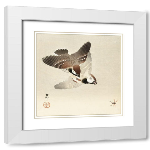 Ring sparrows and insectÂ  White Modern Wood Framed Art Print with Double Matting by Koson, Ohara