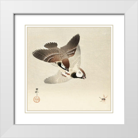 Ring sparrows and insectÂ  White Modern Wood Framed Art Print with Double Matting by Koson, Ohara